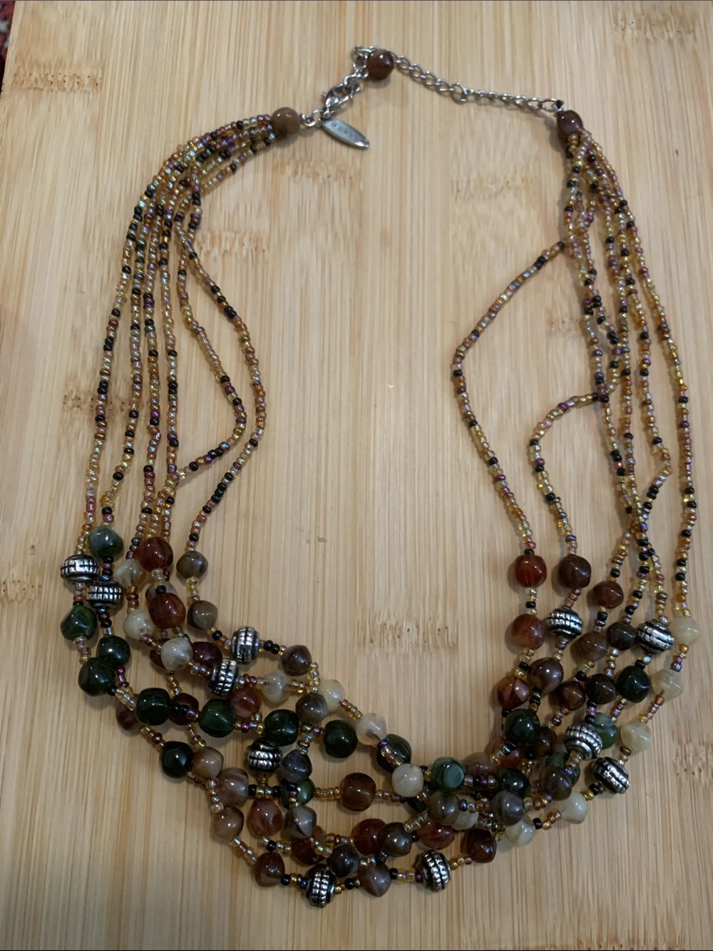 Avenue Multistrand Faux Stone Beaded Necklace in Green, Brown & Cream
